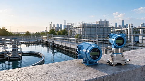 Blue Rosemount industrial measurement transmitters used to monitor flow, level and process conditions in water and wastewater systems