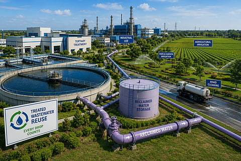 A modern wastewater treatment and reuse facility with circular treatment tanks, reclaimed-water storage, dedicated pipelines, industrial buildings, irrigated farmland, landscaped gardens and a road-cleaning tanker