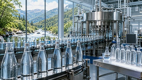 Unbranded glass and plastic water bottles moving through a modern stainless-steel bottling line, with laboratory testing equipment and a mountain stream visible in the background