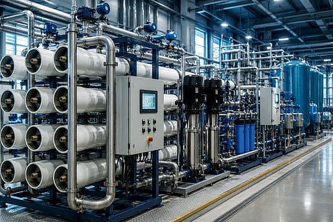 Modern industrial water-treatment plant with rows of membrane pressure vessels, stainless-steel pipelines, vertical pumps, filtration units and digital control panels inside a clean processing hall.