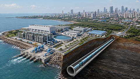 Coastal desalination plant beside the sea with membrane-treatment systems, intake infrastructure and a cutaway view of a large underground pipeline tunnel leading toward Mumbai’s urban water network.