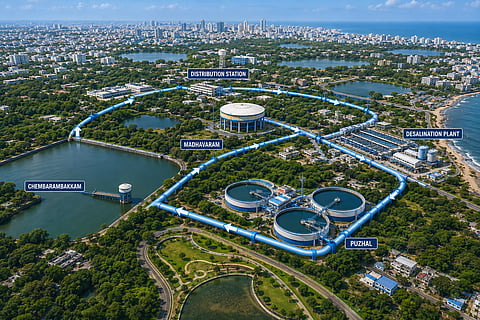 Aerial illustration of Chennai’s integrated water-supply system with large pipelines connecting Chembarambakkam, Madhavaram, Puzhal, a coastal desalination plant and distribution stations across the city.