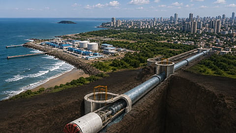 Coastal desalination plant beside the Arabian Sea with an underground water-conveyance tunnel, tunnel-boring equipment and Mumbai’s urban skyline in the background.