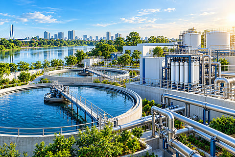 Modern water and wastewater treatment facility with circular clarifiers, stainless-steel pipelines, filtration systems, storage tanks, landscaped surroundings and an urban skyline beside a river.