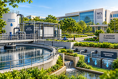 Modern institutional campus with wastewater treatment and recycling equipment, rainwater harvesting infrastructure, recharge channels, landscaped areas and water-storage systems