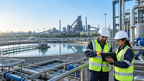 Two engineers reviewing operational data on a tablet beside a modern industrial effluent treatment plant, with treatment tanks, pumps, pipelines and a steel plant in the background.