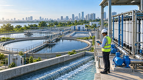 Engineer monitoring a modern Indian wastewater-treatment plant with circular clarifiers, membrane filtration systems, pumps and treated-water channels, with a city skyline in the background.