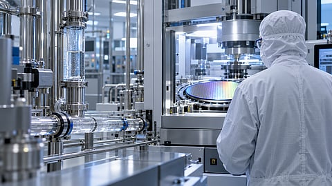 Cleanroom technician beside a silicon wafer processing tool, with water pipes and a transparent conduit in the foreground.
