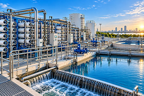 Modern water treatment facility featuring membrane filtration units, stainless-steel pipelines, pumps, storage tanks and treatment basins with flowing water.