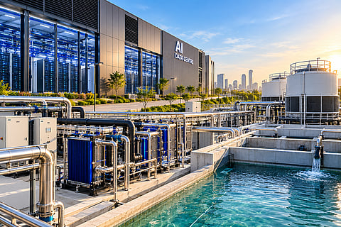 AI data centre with server infrastructure, advanced cooling equipment, cooling towers, water-treatment systems and reuse basins designed to improve water efficiency and operational resilience.