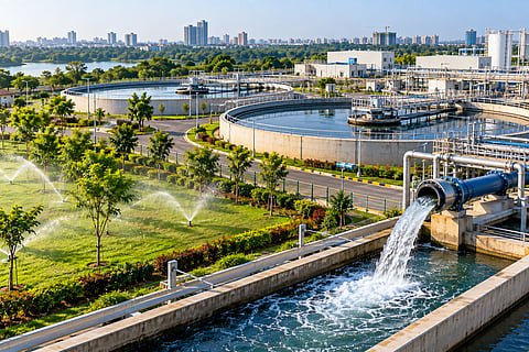 Treated wastewater being supplied from a sewage-treatment plant for urban reuse.