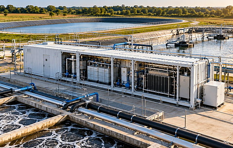 Containerized decentralized wastewater-treatment system installed beside a municipal lagoon.