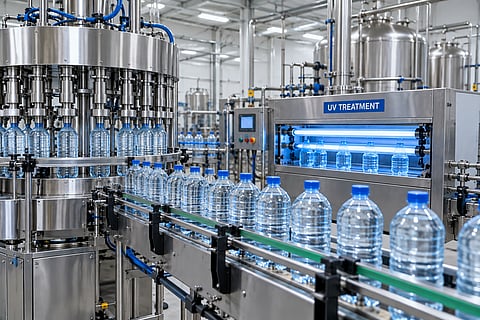 Water jars and purification equipment at a mineral-water plant in Nepal.