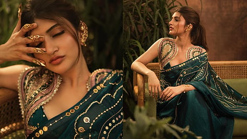 Sreeleela rocks a petrol blue sari from Papa Don't Preach by Shubhika