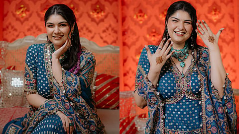 Anshula Kapoor wearing a Patola-inspired lehenga from Arpita Mehta for her mehendi