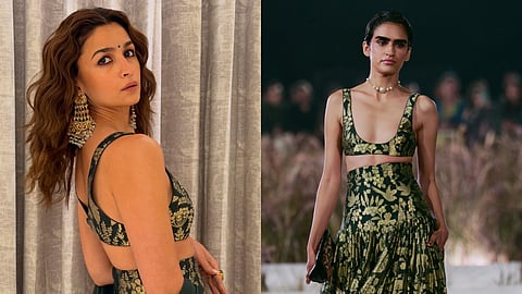 Alia Bhatt wearing an Anita Dongre set with a micro blouse