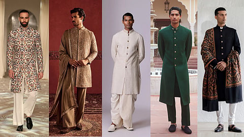 L-R: Sherwanis from Rohit Bal, Ridhi Mehra, Shantnu & Nikhil, Anita Dongre, and Qbik