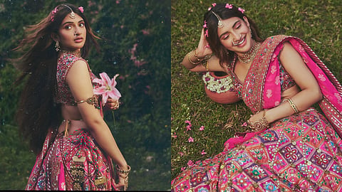 Sreeleela Pink Mirror Work Lehenga