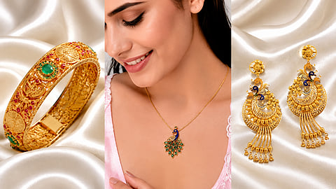 Navratri Day 9 Kanjak Puja: Peacock Motif Gold Jewelry.
