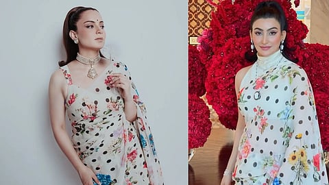 Kangana Ranaut and Shalini Passi wearing a printed sari with polka dots and flowers