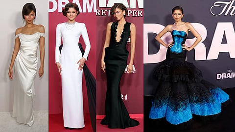 Zendaya playing out the "Something old, something new, something borrowed, and something blue" bridal tradition across the promotional looks for her movie "The Drama"