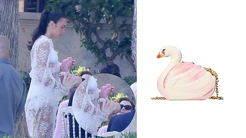 Dua Lipa carrying a swan-shaped bag from Chloé at her wedding brunch in Sicily