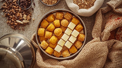 A vibrant flat-lay of traditional Indian mithai beautifully packed in a reusable steel dabba and a natural jute bag.