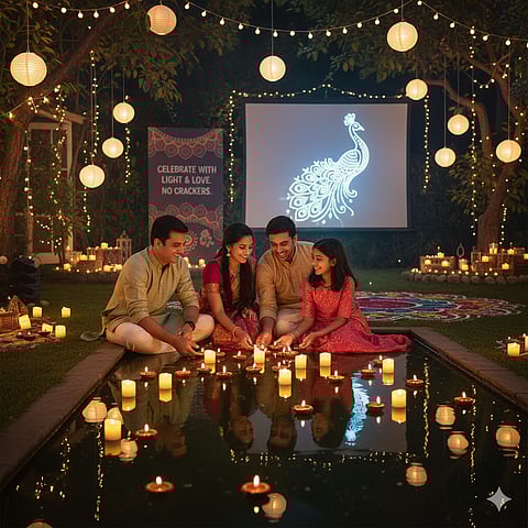 A peaceful Diwali celebration scene showing a family lighting diyas around a water feature in a garden. The area is decorated with numerous lanterns, string lights, and candles. A large screen in the background displays a peacock design and the message 'CELEBRATE WITH LIGHT & LOVE. NO CRACKERS.', promoting a sound-free and environmentally conscious festival