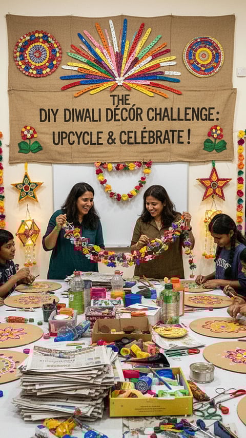 A bustling workshop scene where children and adults are actively participating in a "DIY Diwali Décor Challenge." A long table is covered with craft supplies like paints, brushes, glue, and various upcycled materials such as plastic bottle caps, old newspapers, and fabric scraps. Participants are focused on creating colorful rangoli-inspired designs on circular cardboard bases. Two adult women in the center hold up vibrant, handmade torans made from upcycled materials. The background features a large banner that reads "THE DIY DIWALI DÉCOR CHALLENGE: UPCYCLE & CELEBRATE!" and walls decorated with various intricate upcycled art pieces and festive garlands. The room is brightly lit, conveying a lively and creative atmosphere.