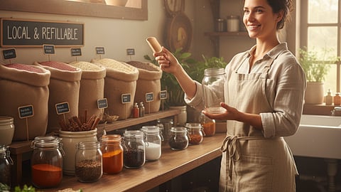 Embracing sustainable living, an Eco-Chef demonstrates the joy of choosing local, refillable spices and grains, making every meal a celebration of mindful consumption and delicious, eco-friendly choices.