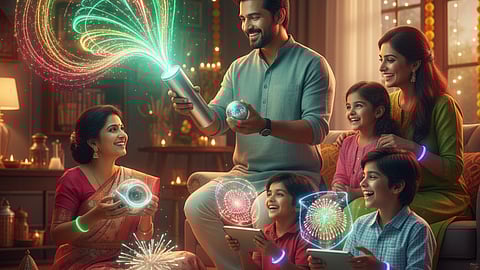 A family is celebrating a festival, possibly Diwali, with high-tech, light-up 'green crackers' that emit colorful, swirling light patterns instead of smoke and noise. The parents and children are smiling, enjoying the light show indoors in a beautifully decorated room.
