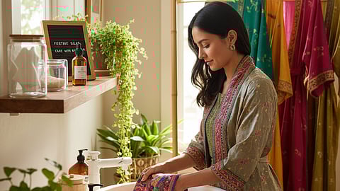 Gently hand-washing a vibrant silk garment with a non-toxic, eco-friendly silk wash, embodying sustainable wardrobe maintenance for festive silks