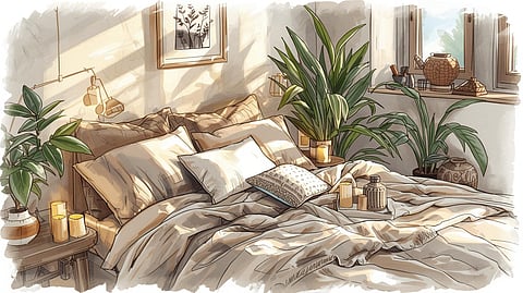 A cozy, minimalist bedroom styled with muted linen bedding, bamboo pillows, leafy plants, ceramic diffusers, and beeswax candles — designed for sustainable sleep and Instagram-worthy calm.