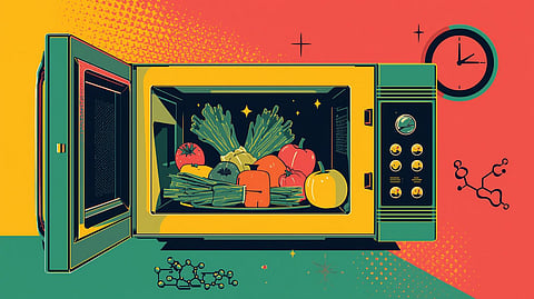 A bright, clean kitchen scene showing a microwave with fresh colorful vegetables inside and outside, highlighting freshness and nutrient preservation