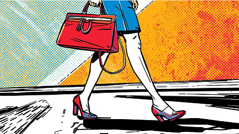 A stylish woman confidently carrying a contrasting handbag and wearing mismatched shoes, showcasing a modern fashion trend that breaks the traditional rule of matching accessories