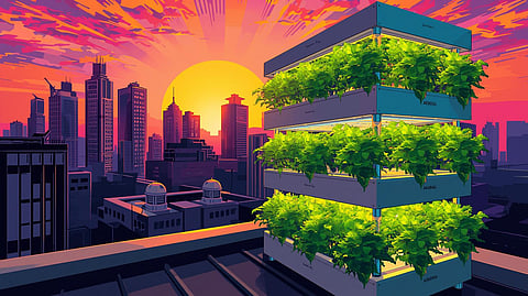 Rooftop vertical farm with stacked leafy greens growing under LED lights against the skyline of Bangalore city.