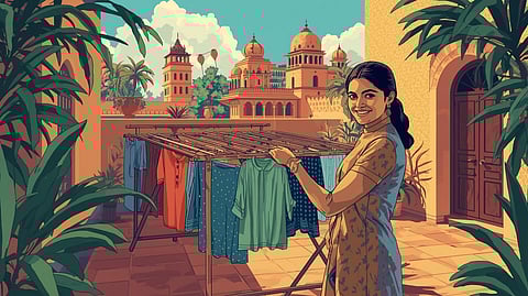 Sustainable clothes care in India: drying handloom and organic cotton garments naturally to extend their life.