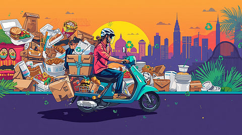 An illustration showing a food delivery rider on a scooter surrounded by various types of food packaging waste like plastic containers, foam boxes, and biodegradable plates, with a backdrop of an urban Indian.