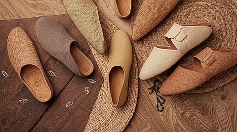 Eco-friendly Indian footwear crafted from cork, recycled rubber, and organic cotton blends tradition with sustainable style.