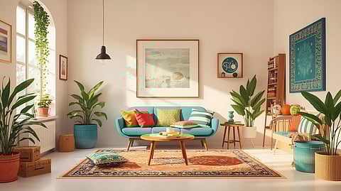 A serene Indian living space blending minimalist organization with traditional textiles, illustrating mindful and sustainable decluttering.