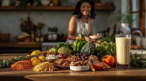 Fresh lentils, vegetables, fruits, nuts, and a glass of fortified soy milk on a kitchen counter with a person cooking a traditional Indian vegan meal.