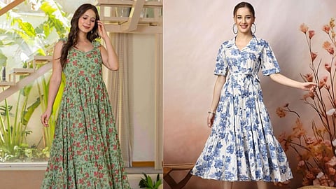 Discover stylish holiday party dresses, including elegant maxi dresses for women, trendy floral print maxi dresses, and chic pleated georgette dresses.