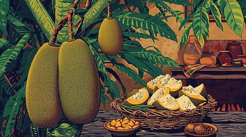 Close-up of ripe and unripe jackfruit hanging on a tree with a basket of cut jackfruit pieces in a traditional Indian rural kitchen setting.