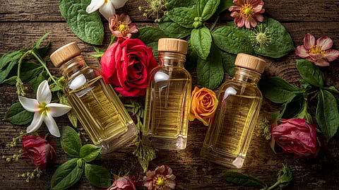 A collection of natural perfume bottles with wooden caps surrounded by Indian flowers and leaves, symbolizing eco-friendly and artisanal fragrances.
