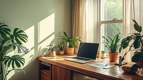 A bright, modern Indian home office featuring a wooden desk made from reclaimed wood, an energy-efficient laptop, a large window with natural sunlight streaming in, and several indoor plants like money plants.