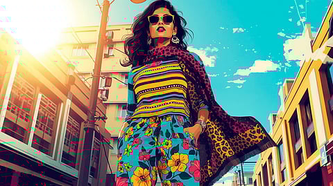 A stylish Indian woman confidently wearing a mixed print outfit combining a striped kurta, floral palazzo pants, and a subtle leopard print scarf, standing against a vibrant urban backdrop during daytime, showcasing bold and harmonious print mixing in modern Indian fashion.