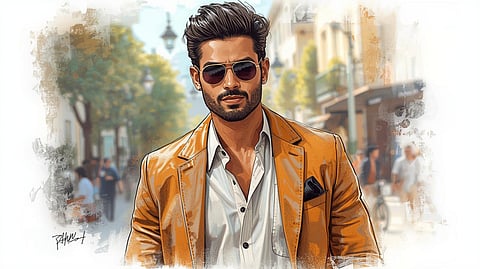 A stylish Indian man confidently posing outdoors in modern ethnic fusion wear, with clear, healthy skin reflecting a grooming routine, set against an urban backdrop with natural light highlighting his attire.