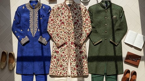 Let's explore how a premium sherwanis will help you look elegant in your wedding.  Choose from diffrent options like regal red to embroidered to classic black.