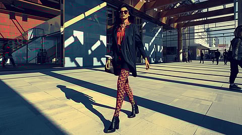 A stylish Indian woman confidently walking in a modern urban setting wearing a chic outfit paired with colorful patterned tights and ankle boots, showcasing vibrant hosiery as a trendy fashion accessory. 