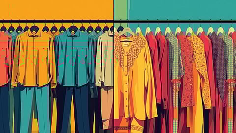 A stylish split-image showing men’s and women’s clothing racks in a modern Indian boutique. The men’s side features basic shirts and trousers, while the women’s side shows similarly simple garments with subtle desi.
